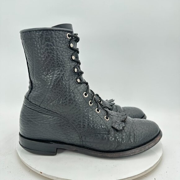 Justin 522 Bullhide Men 10 B Pebbled Black Leather Tassel Western Lacer Boot main image 5